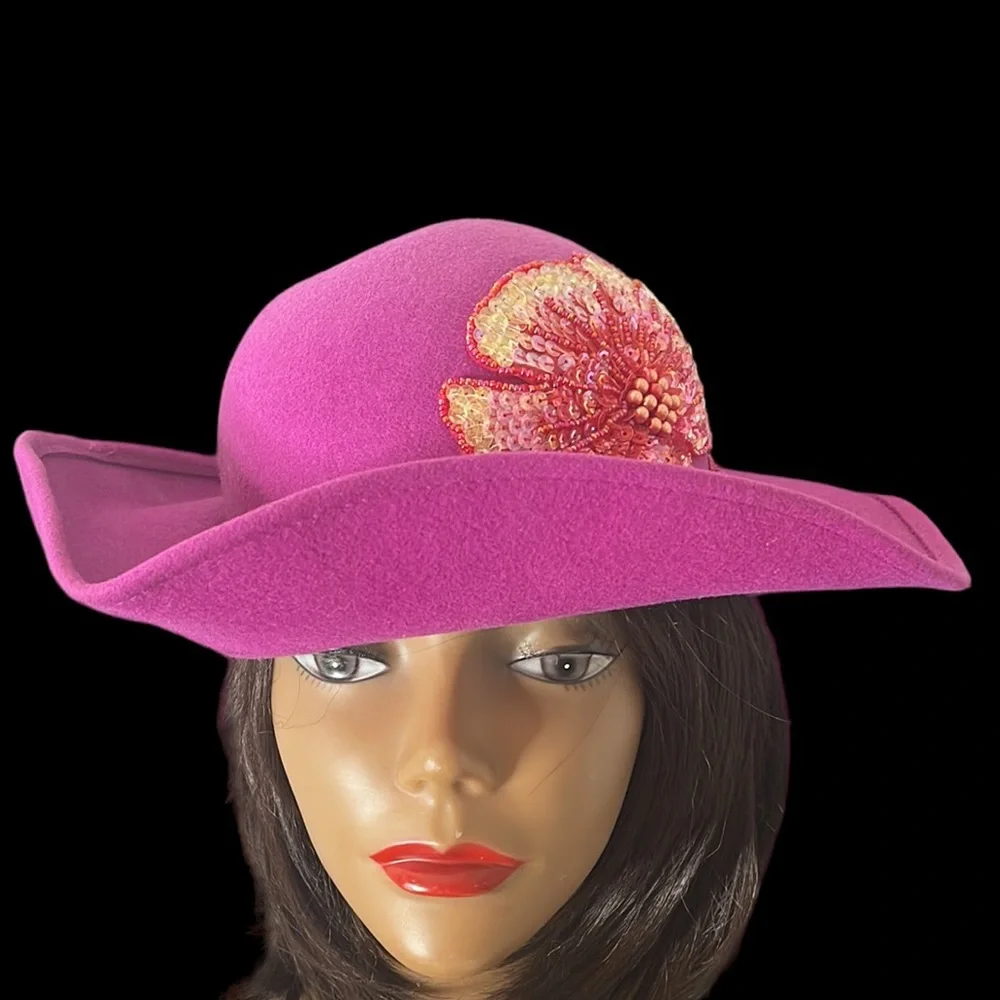 Vintage Fushia Wool Hat with Flower - Picture 12 of 16